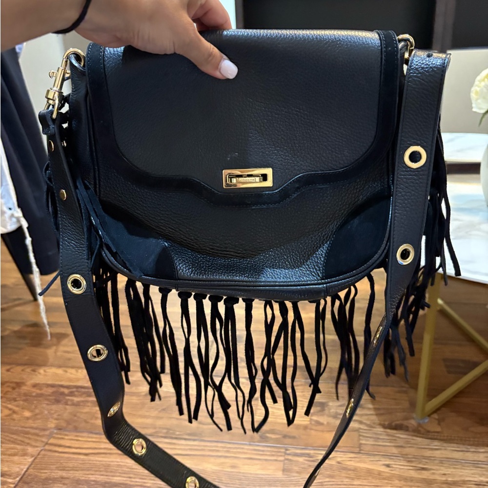 Black Fringe Leather Shoulder Bag